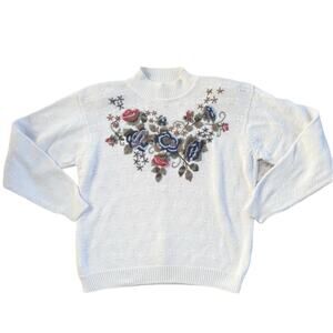 Vintage 1990s Alfred Dunner White Floral Embroidered Knit Sweater Large